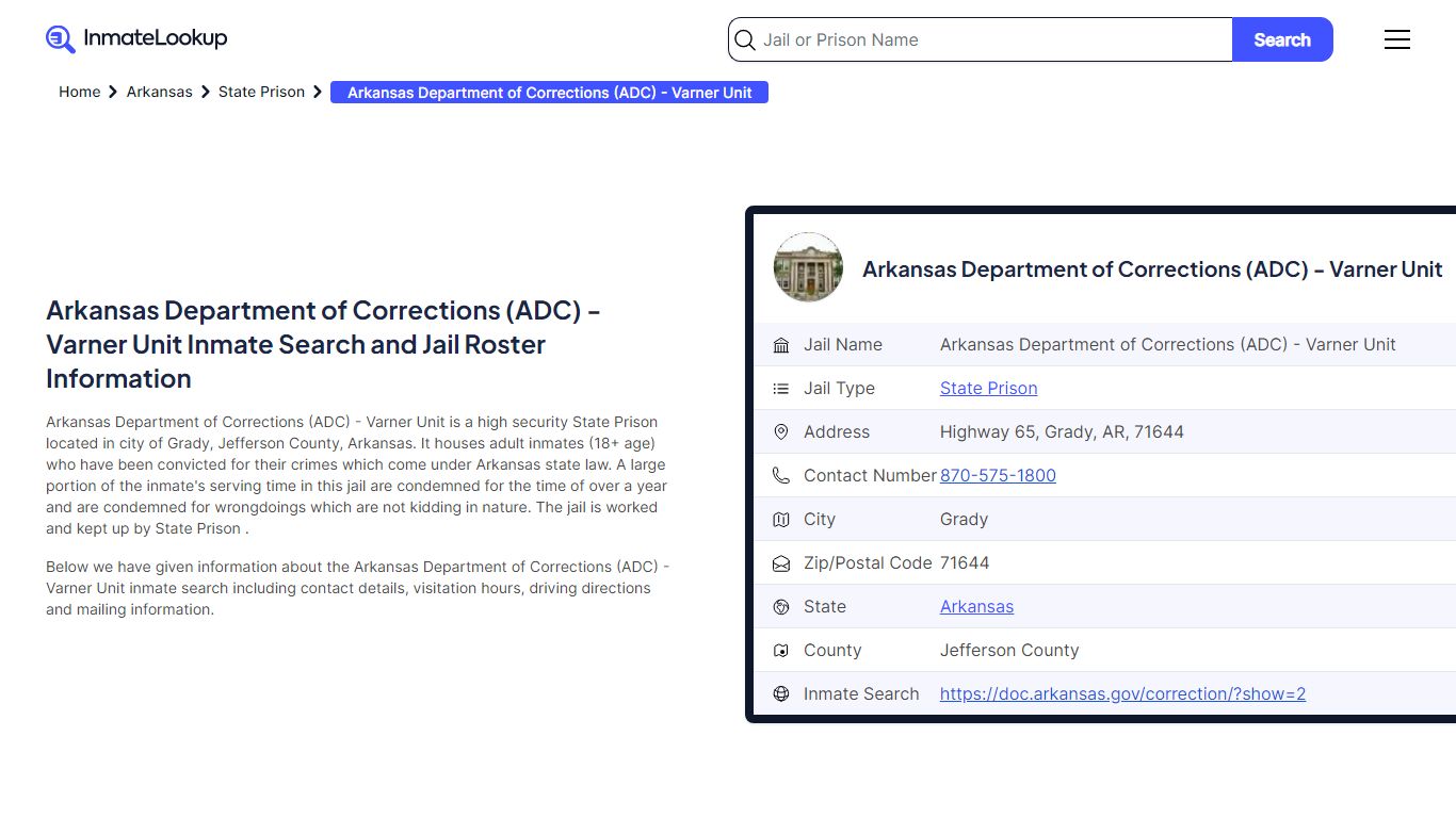 Arkansas Department of Corrections (ADC) - Varner Unit Inmate Search ...
